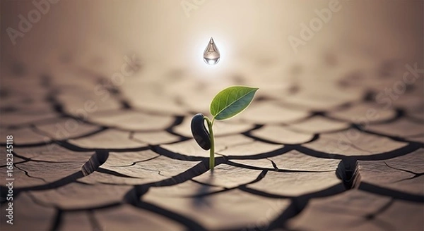Fototapeta A single green sprout pushing through cracked dry earth, with a shimmering water drop above, symbolizing hope, new life, and resilience in harsh conditions.