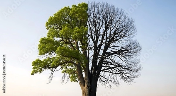 Fototapeta Striking image of a single tree, half covered in vibrant green leaves and half starkly bare, against a serene sky. Symbolizes the dichotomy of life and death, or seasonal change.