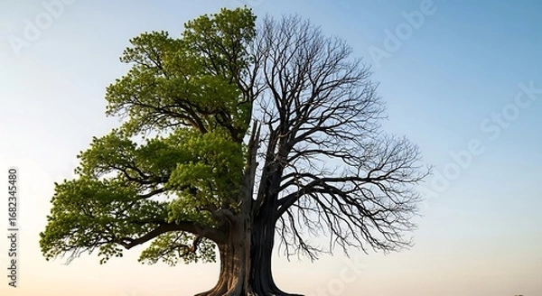 Fototapeta Striking visual of a tree half alive with vibrant green leaves and half barren, representing the duality of seasons, growth, and decay against a clear sky.