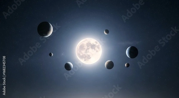 Fototapeta Stunning depiction of a full moon glowing brightly amidst a dark, star-filled sky, encircled by various planets. Perfect for space exploration and astronomy themes.