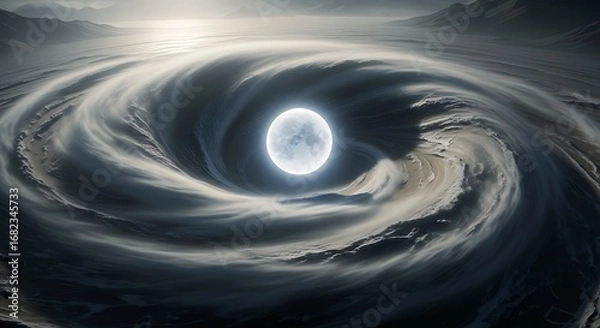 Fototapeta A breathtaking cosmic vortex with a luminous full moon at its eye, set against a dark, mountainous alien landscape. This dramatic image evokes powerful forces.