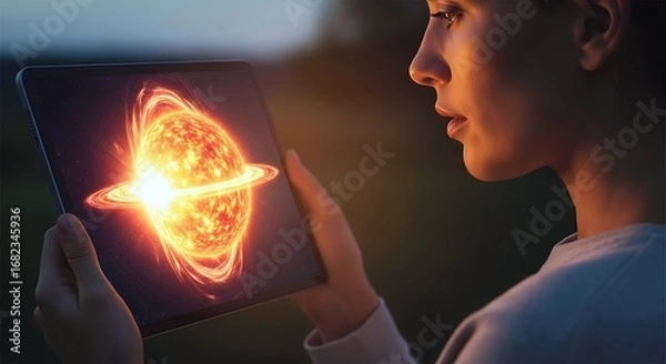 Fototapeta Young woman watching a glowing, ringed celestial body on a tablet, symbolizing discovery, technology, and the wonders of the universe.