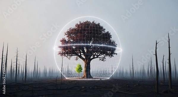 Fototapeta A vibrant tree and sapling protected by a glowing spherical grid in a desolate, burned forest. This powerful image symbolizes environmental preservation, hope, and climate action amidst devastation.