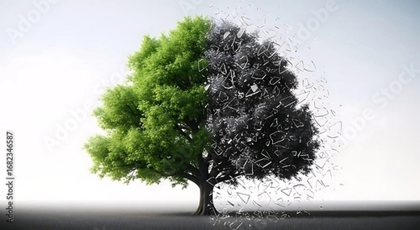 Fototapeta Conceptual image of a tree split between vibrant green and shattering dark fragments, symbolizing environmental fragility, climate change, and the balance of nature.