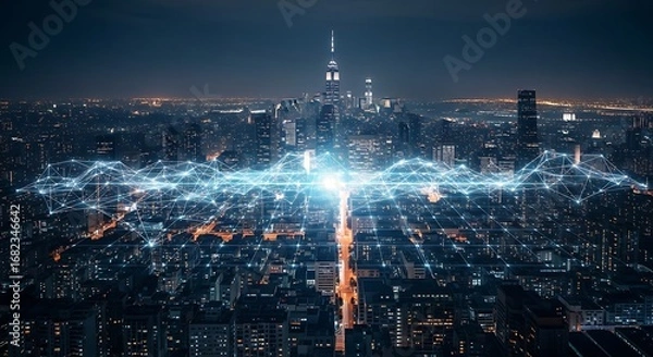 Fototapeta Stunning aerial view of a modern metropolis at night, featuring a vibrant digital network symbolizing technological advancement, global data exchange, and smart city infrastructure.