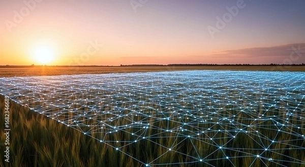 Fototapeta Stunning sunset over a crop field with a digital network overlay, illustrating smart farming, precision agriculture, and IoT technology in action.
