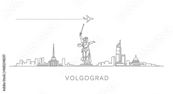 Fototapeta Volgograd skyline with Minimalist, Vector, and Airplane.