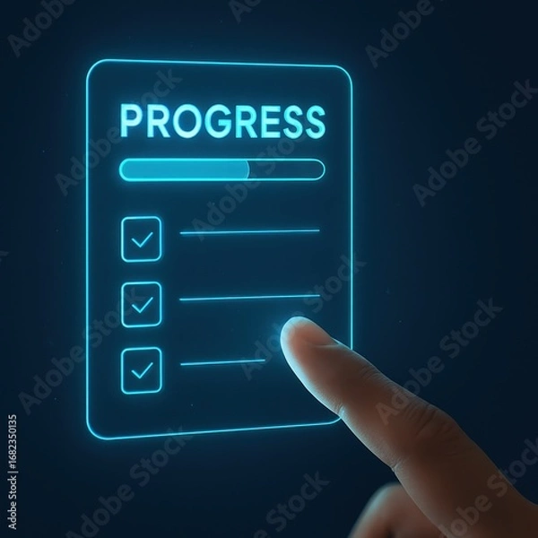 Fototapeta A glowing, futuristic checklist interface displays progress on a dark background.