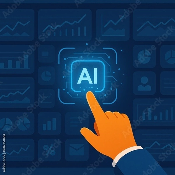 Fototapeta A hand points to a glowing blue AI button, surrounded by data visualizations on a dark background.