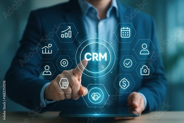 Fototapeta A businessperson interacts with a digital interface showcasing CRM features and functionalities.