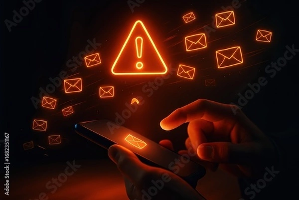 Fototapeta Hands interacting with a smartphone displaying a warning of unwanted email messages.