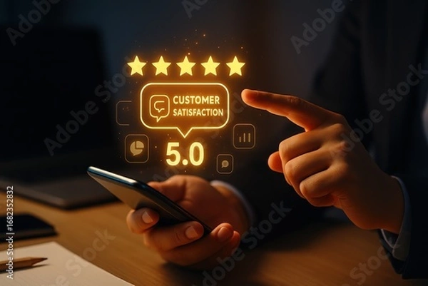 Fototapeta A person interacts with a smartphone displaying glowing customer satisfaction metrics, including five stars and a 5.0 rating.