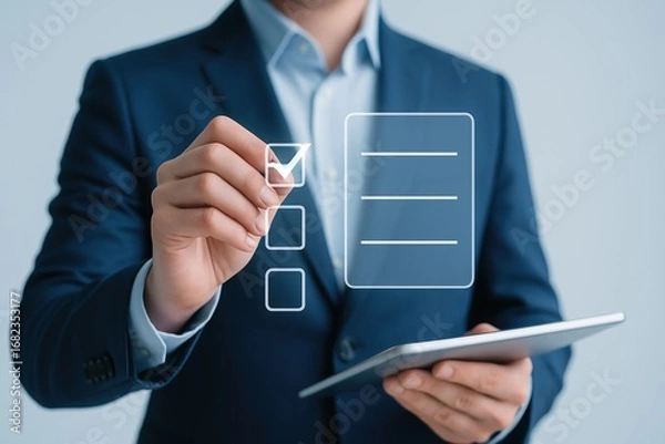 Fototapeta A person in a dark suit marks a checklist on a digital tablet, showcasing a workflow concept.