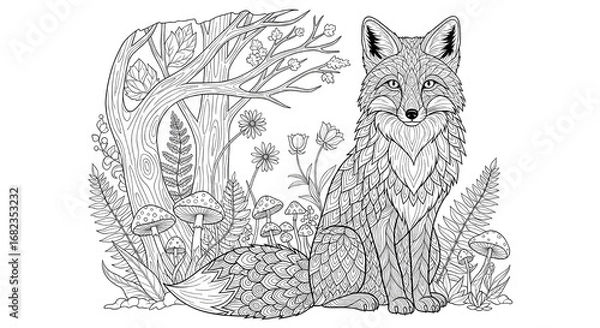 Fototapeta A detailed fox in the forest isolated on white background for coloring