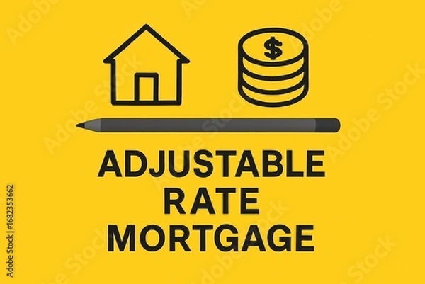 Fototapeta Simple graphic illustrating the concept of adjustable rate mortgage, featuring a house, coins, and a pencil.