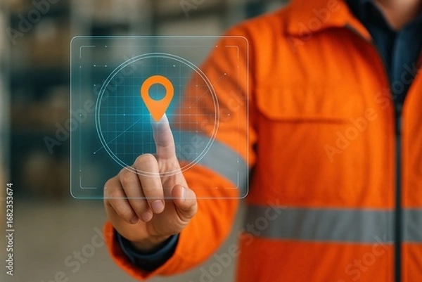 Fototapeta A person's finger interacts with a digital map interface, highlighting the concept of location technology in a warehouse setting.