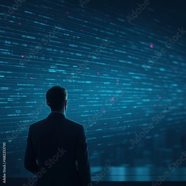 Fototapeta A man in a suit gazes at a vast display of digital data lines.
