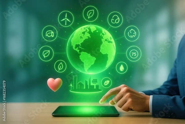 Fototapeta A person interacts with a digital display showcasing environmental sustainability concepts, including a glowing representation of the Earth and various symbols related to green initiatives.