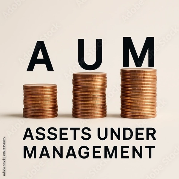 Fototapeta Three stacks of copper coins illustrate assets under management, showcasing financial growth.