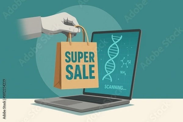Fototapeta A hand delivers a paper bag with a super sale offer while a laptop screen displays a dna scan.