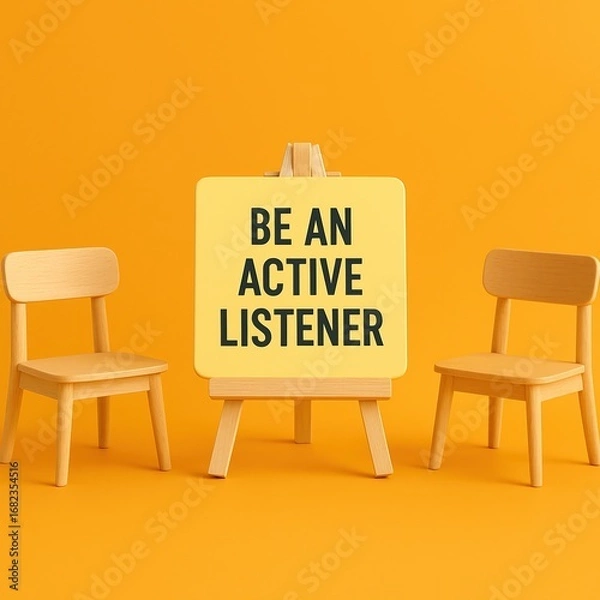 Fototapeta A simple, vibrant image displays wooden chairs facing a light yellow easel board.