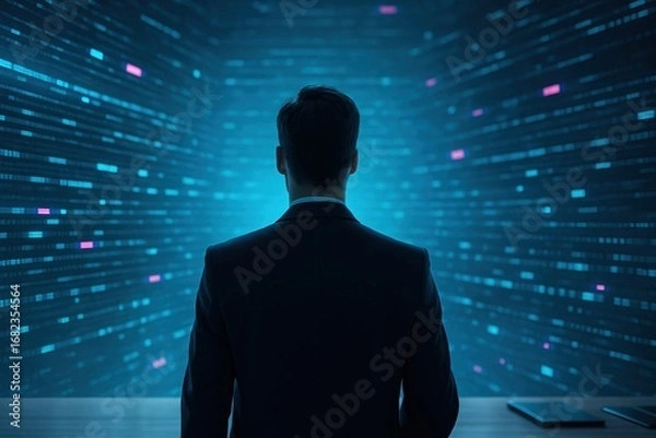 Fototapeta A person in a suit gazes at a digital data display, showcasing a futuristic and analytical concept.