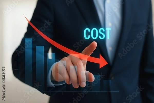 Fototapeta A hand interacting with a graphical representation of decreasing costs, illustrating a positive financial trend.