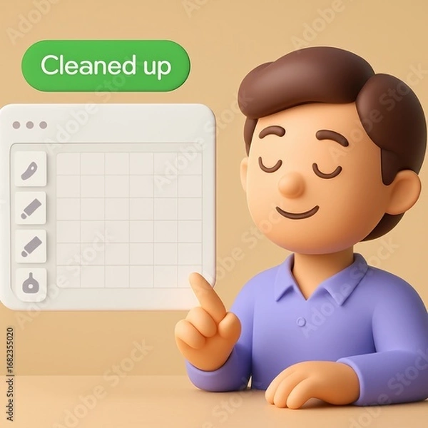 Fototapeta A cartoon character, with closed eyes, points to a blank digital drawing tablet with editing tools displayed, set against a beige background.
