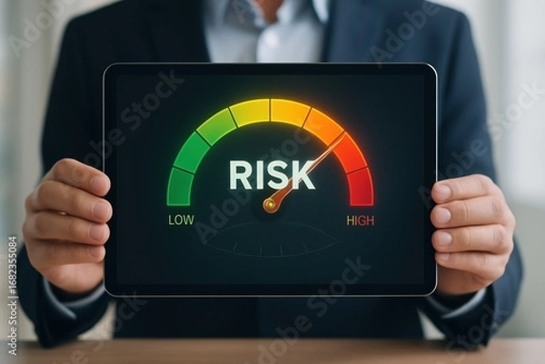 Fototapeta A digital tablet display shows a risk assessment gauge, highlighting a moderate risk level.