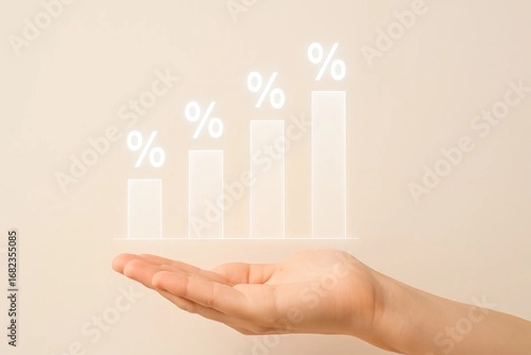 Fototapeta A hand holds a glowing bar graph showcasing a rising percentage trend.