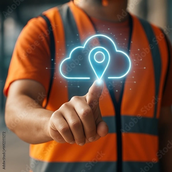 Fototapeta A person in an orange safety vest touches a glowing cloud-based location icon, highlighting digital technology integration in a work environment.