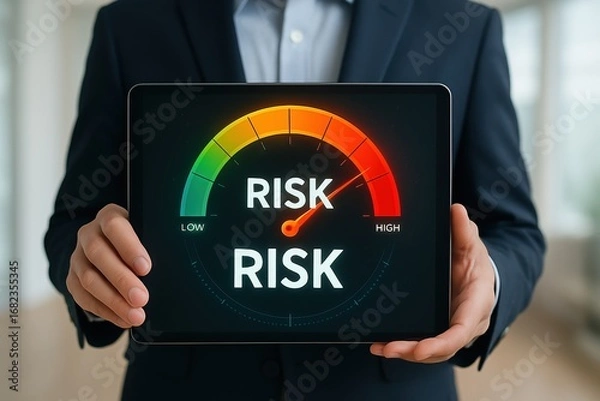 Fototapeta A person in a business suit holds a tablet displaying a risk assessment gauge, highlighting a level of risk.