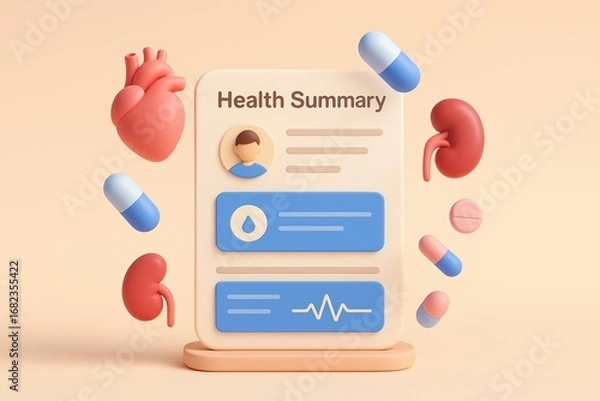 Fototapeta A health summary display features stylized icons of heart, kidneys, and pills, floating against a pale background.
