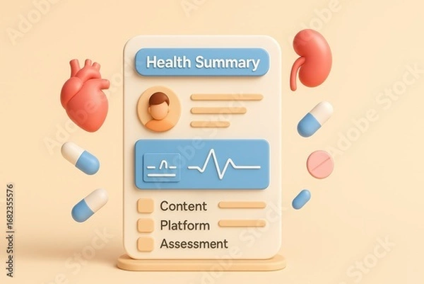 Fototapeta A digital health summary display, featuring a heart, kidneys, and pills, showcases a user interface for content, platform, and assessment.
