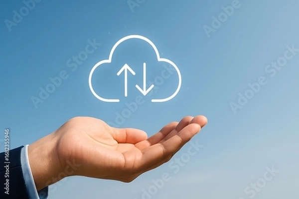 Fototapeta A hand holds a digital cloud icon, symbolizing cloud computing and data storage against a clear blue sky.