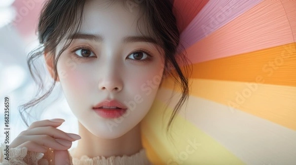 Fototapeta Woman doing personal color diagnosis in clothing store background,popular hobby in korea and japan.