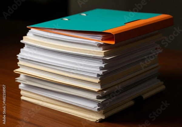 Fototapeta Stack of Documents with Teal and Orange File Folder on Wooden Desk.