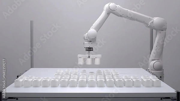 Fototapeta Robotic Arm Arranging Small Containers on a Grid