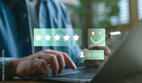 Fototapeta Close-up of hands using laptop and smartphone, with floating five-star rating and feedback icons. Concept of online review, customer satisfaction, service rating and digital user experience.
