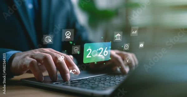 Fototapeta Businessman typing on laptop with futuristic interface showing target year 2026 and business icons. Concept of new year goals, business resolutions and strategic planning for future success.