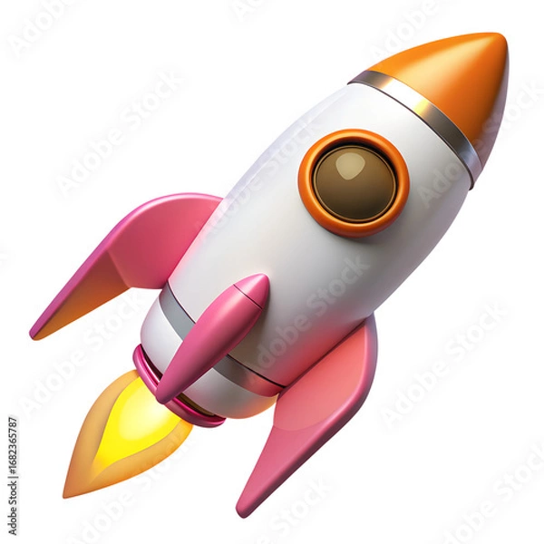 Fototapeta A 3D cartoon render of a sleek, white rocket with an orange nose cone and pink fins.