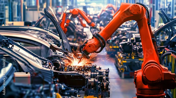 Fototapeta Robotic Arms Welding in an Automotive Assembly Line
