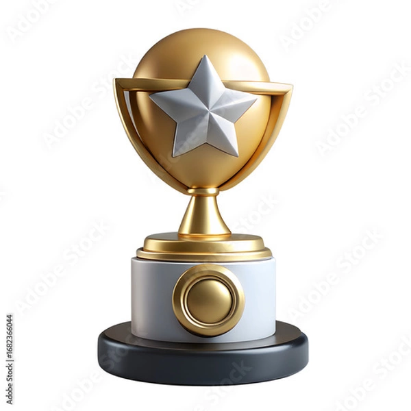 Fototapeta A 3D render featuring a golden trophy with a white star and a white base.
