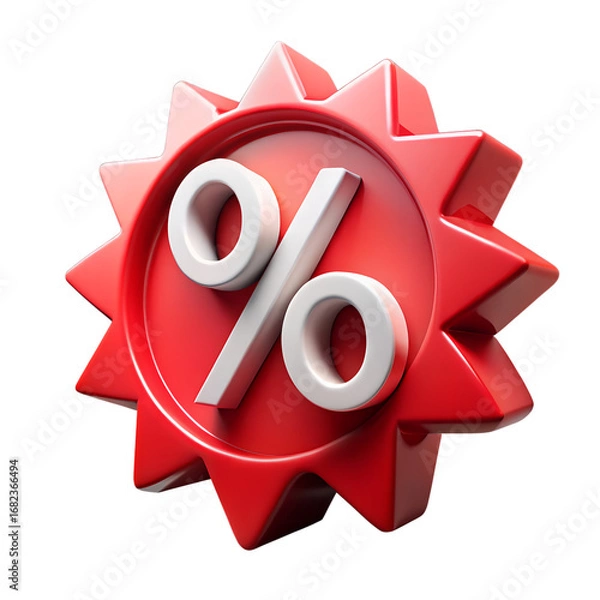 Fototapeta  A 3D render of a bright red, starburst-shaped badge with a white percentage symbol.