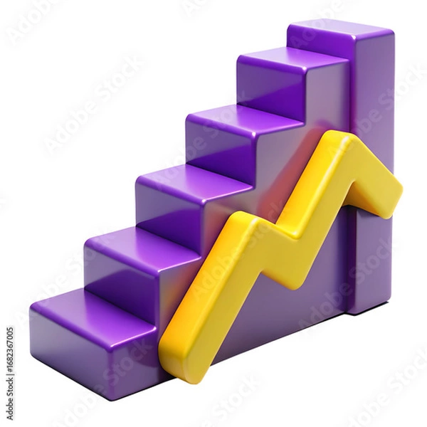 Fototapeta A purple staircase with a yellow zigzag arrow going up, symbolizing growth and progress.