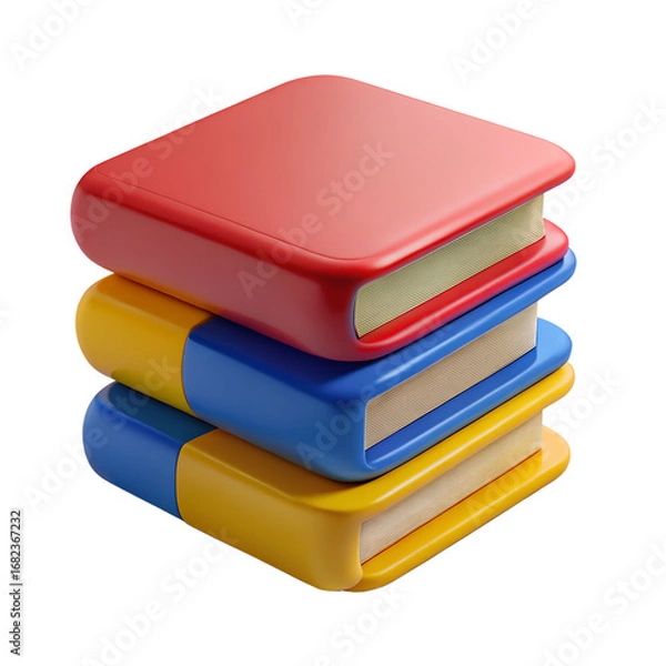 Fototapeta A 3D render of three simple, brightly colored books stacked on top of each other, representing education or knowledge.