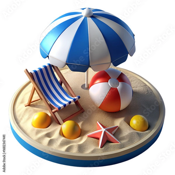 Fototapeta A small, sandy beach island with a blue and white striped umbrella, a lounge chair, and a red and white beach ball symbolizing a vacation or relaxation.

