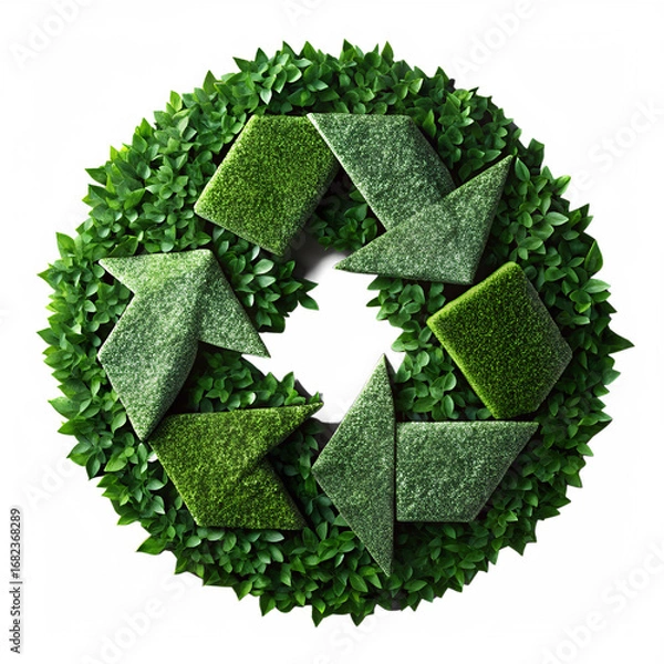 Fototapeta A flat-lay, top-down shot of a recycling symbol formed from textured green material, surrounded by a wreath of leaves.