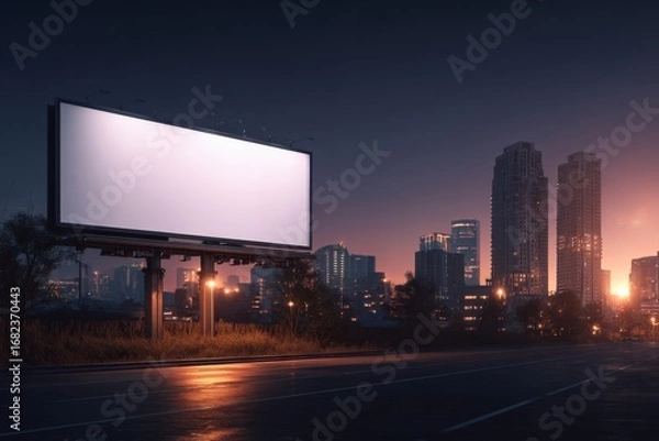 Obraz Blank Billboard at Dusk in Cityscape, Advertisement Opportunity, Mockup Template for Marketing Campaigns
