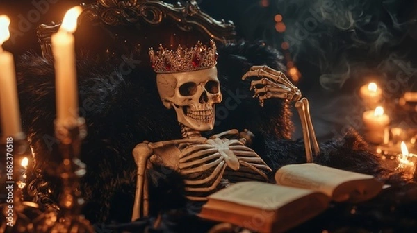 Fototapeta Regal skeleton reading by candlelight in a gothic setting
